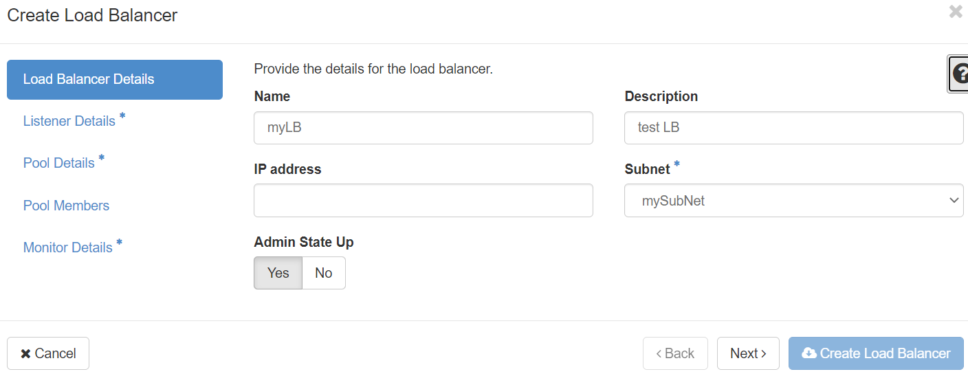 Create LB (Details tab)